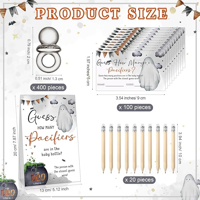 Roowest 512 Pcs Baby Shower Games Guess How Many Pacifiers Sign 100 Small Guessing Games 10 HB Pencils 750ml Milk Bottle 400 Acrylic Pacifiers Decoration for Guest Gender Reveal(Blue,Halloween)
