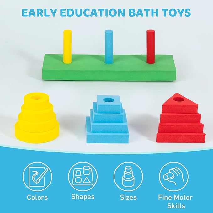 GiftAmaz 3-in-1 Bath Toys for Toddlers 1-3, Mold Free Foam Sorting & Stacking Sensory Toys - Suction Cup, Shape Color Size Learning Water Toy, Montessori Baby Bathtub Wall Toy for Kids Ages 1-3 2-4