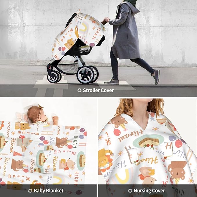 Personalized Baby Car Seat Cover with Name, Customized Cute Animal Peekaboo Opening Car Seat Canopy for Baby Girls Boys, Nursing Covers Breastfeeding Scarf, Stroller Canopies for Newborn Infant