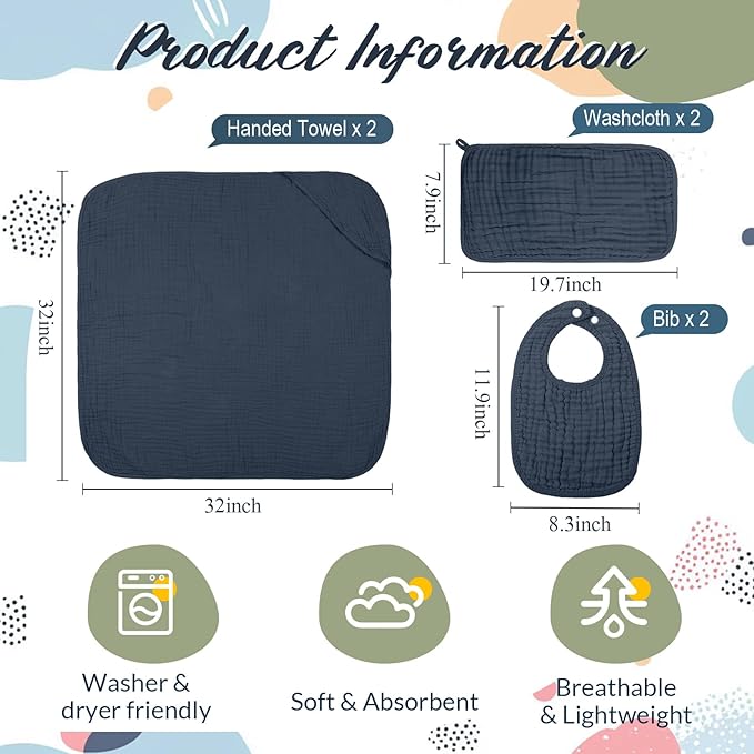 Hahafelt 6 Pcs Muslin Hooded Bath Towels Washcloths and Bibs Set, Muslin Cotton Baby Towels Absorbent Hooded Blanket Towel Infant Bibs for Boys Girls Newborn Infant Essential(Blue, Green)