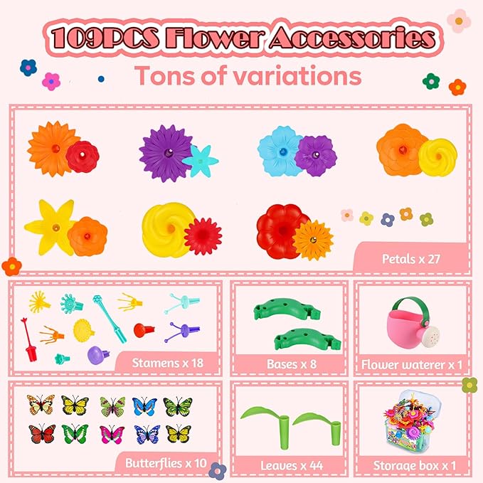 FUNZBO 109pcs Flower Garden Building Toy Set - Spring Toys for 3 4 5 6 7 Years Old Girl, STEM Montessori Educational Toy for Kid Toddler, Sorting & Stacking Building Block Birthday Gift for Girls