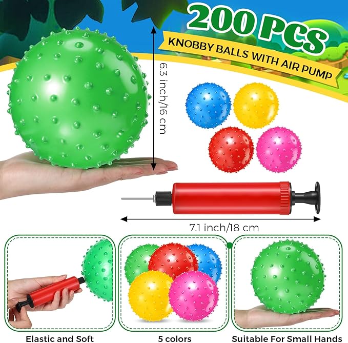 Lenwen 200 Pcs Kids Knobby Balls 6.3 Inch Soft Bouncy Balls Bulk for Toddlers Inflatable Sensory Toys with Air Pump Spiky Massage Stress Toys for Kindergarten Playground Backyard Pool, 5 Color