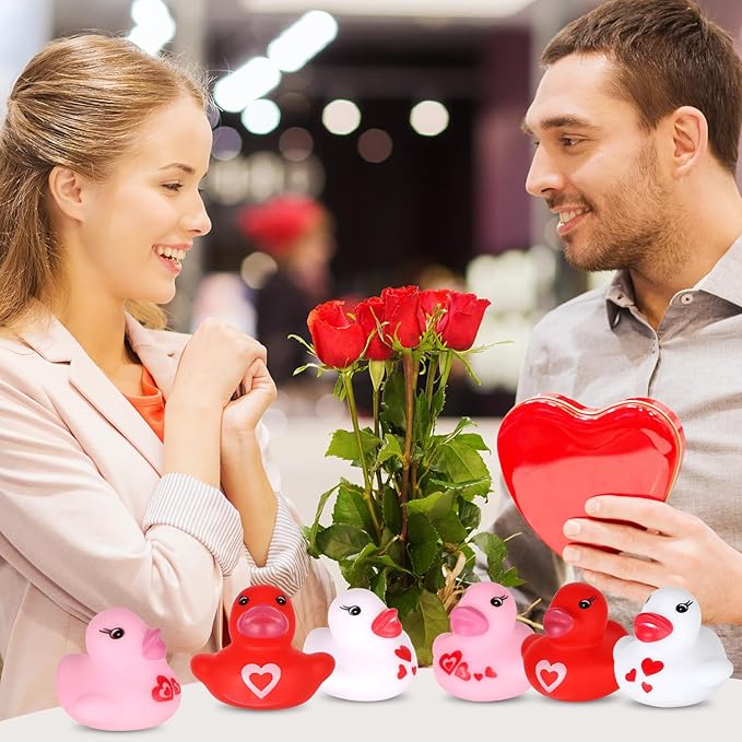 24pcs Valentine's Day Rubber Ducks, 1.57 inch Mini Small Assorted Rubber Bath Ducks Colorful Bathtub Toy Squeaky Duckies Love Heart Duck Valentines Day Gifts for Kids Cupcake Topper(3 Colors)