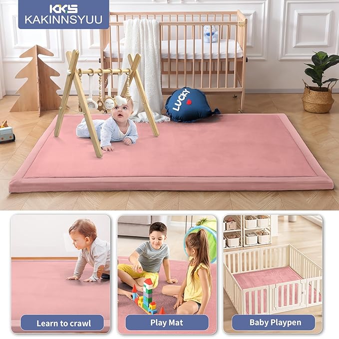 2-Inch Extra Thick Baby Play Mat for Floor, 79"x59" Large Ultra Soft Pink Rug, Nursery Rug with Powder-Free Memory Foam & Non-Slip Base for Tummy Time, Perfect for Baby Girl Room Decor