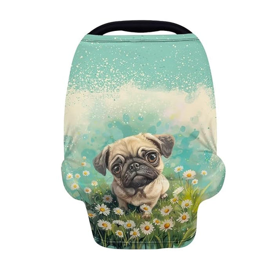 GIFTPUZZ Flower Pug Stretchy Car Seat Cover for Babies, Nursing Cover Breastfeeding Cover, Soft Breathable Infant Carseat Canopy, Shopping Cart/High Chair/Stroller Covers, All Weather Use