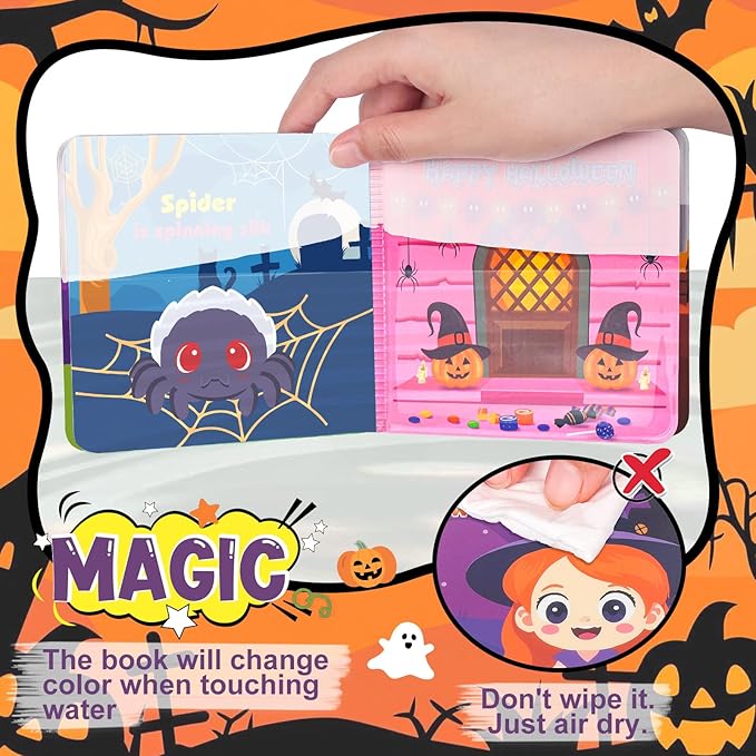 Halloween Light Up Bath Toys for Toddlers Kids, 7PCS No Hole Bath Toys with Magic Book, Witch,Cauldron,Bat, Ghost, Pumpkin, Spider, Halloween Party Favors Treat Bags Gift for Boys Girls Ages 3+