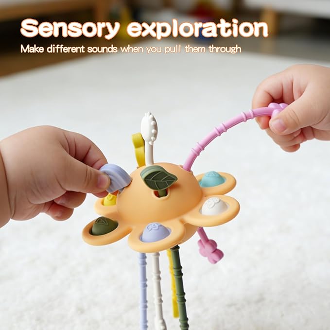 Food Grade Silicone Pull String Baby Toy, Montessori Pull String Sensory Toy for 18 Months Babies Teething Toys (Yellow)