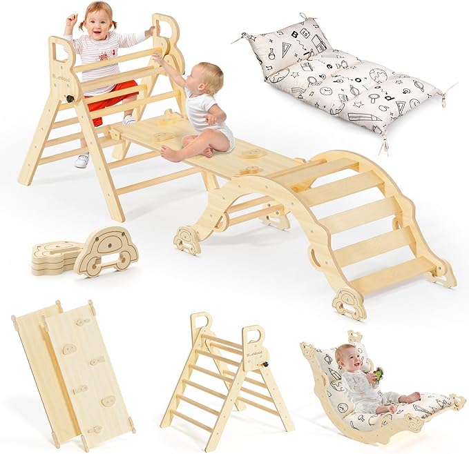 BlueWood Pikler Triangle Set with Cushion, 8-in-1 Climbing Toys for Toddlers, Montessori Philosophy Play Jungle Gym with Arch, Ramp, Ladder(Natural Wood)