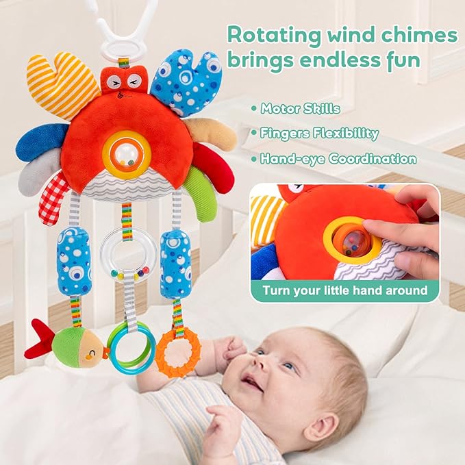 Crab Wind Chime Baby Car Seat Toy - Plush Stroller & Crib Hanging Toy with Teether, Squeaker, Portable Clip, Colorful Clear Rings for Sensory & Cognitive Development Hanging Toys