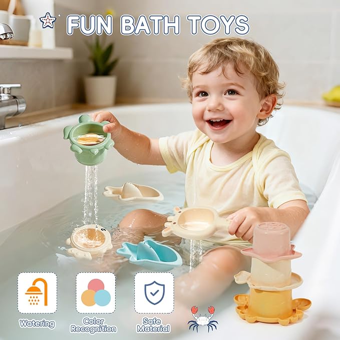 Baby Bath Toys, 21PCS Mold Free Bath Toys for Kids Ages 1-3 with Montessori Shape Sorter and Educational Stacking Cups for Babies 6-12 Months, Tub Water Pool Beach Toy for Toddler 1-3 with Storage Bin