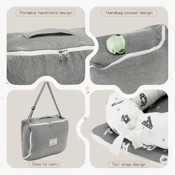 Baby Lounger 0-24 Months for Newborn to Toddler - Portable Baby Lounger for Travel with Cotton Infant Nest, Adjustable Safety Bumper & Baby Lounger Pillow - Letter Grey