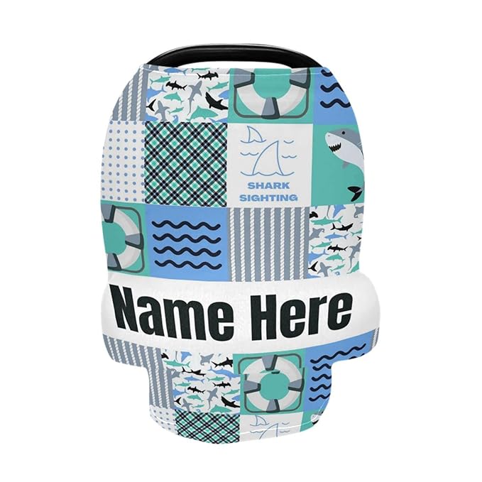 Personalized Cute Shark Plaid Baby Car Seat Cover for Babies with Name, Custom Baby Car Seats Canopy for Boys, Nursing Breastfeeding Stroller Covers Infant Car Seat Blanket for Newborn