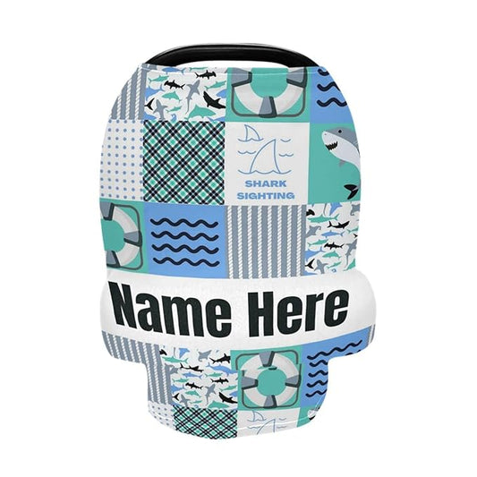 Personalized Cute Shark Plaid Baby Car Seat Cover for Babies with Name, Custom Baby Car Seats Canopy for Boys, Nursing Breastfeeding Stroller Covers Infant Car Seat Blanket for Newborn