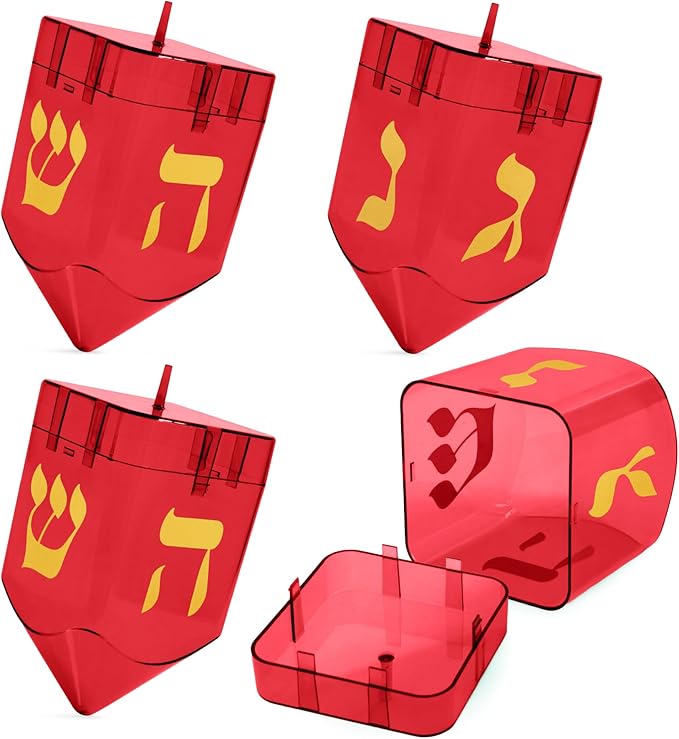Large Fillable Dreidels for Hanukkah, Pack of 4 Plastic Dreidels Bulk, Red Large Dreidels That Bring Joy and Tradition to Every Celebration