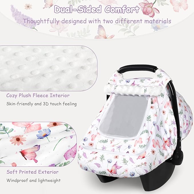 Baby Car Seat Cover, Pea Pod Universal Infant Car Seat Cover with Sunshade & Mesh Windows - Breathable Minky Lined Canopy Cover for Stroller- Soft Butterfly Carseat cover for Newborns