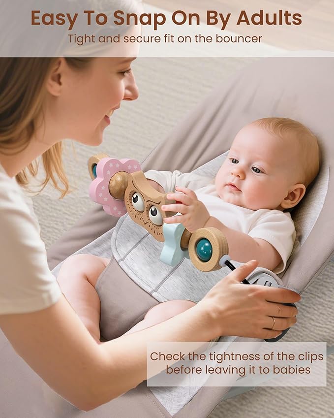 TinlyFinly Baby Bouncer Toy Bar Wooden Compatible with Baby Bjorn Bouncers, Bouncer Toy Attachment, Tight and Secure Fit, So Fun to Watch, Touch and Spin for Babies All Ages (Wood Color Owl)