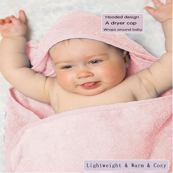 Baby Hooded Bath Towel 31.5"x31.5" Ultra Absorbent Cloud-Soft Cozy Coral Fleece, for Newborn Infant Toddler Up to 3 Years, Unisex Bathrobe Blanket 2PCS(Sakura Pink)