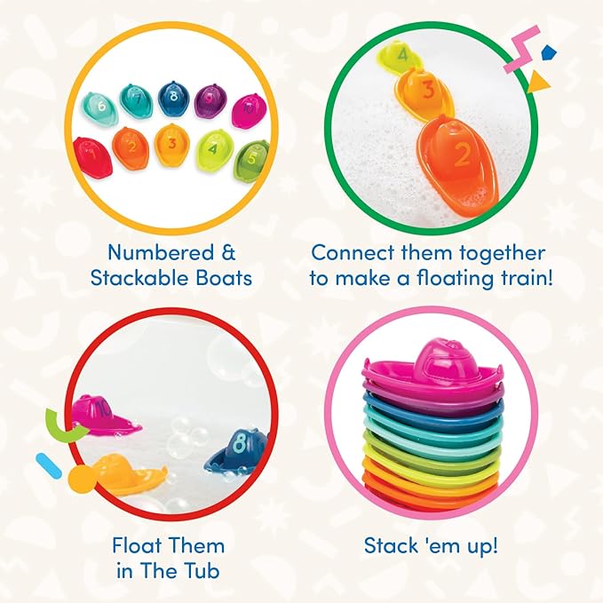 Battat – 10 Stackin' Bath Boats – Numbered & Stackable Bathtime – Floating Toys for The Bath, Pool, Beach – Educational Toys – 6+ Months