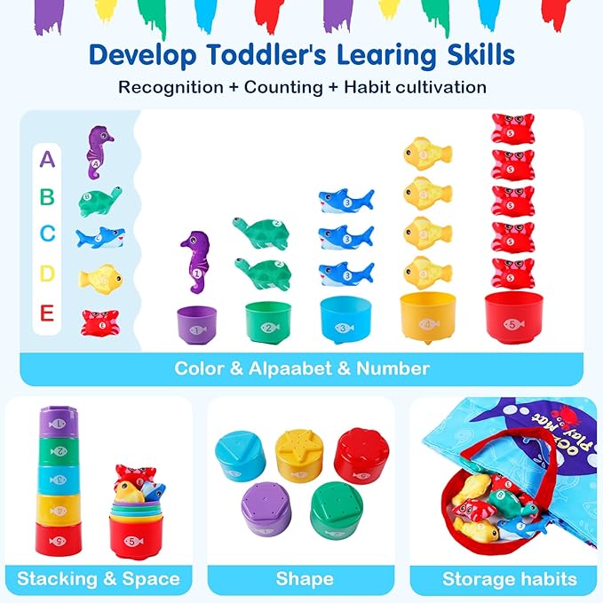 Montessori Toys for 1-2 Year Old - Cloth Ocean Fishing Game with Stacking Cups, Toddler Learning Toy for 12-18 Months, First Birthday Gifts for 1 Year Old Boy Girl, Learn Count and Sort Colors
