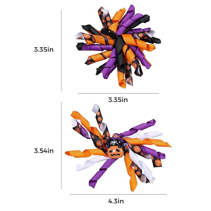 Halloween Pumpkin Korker Hair Bows for Girls,4 Pack Black Orange Purple Curly Ribbon Alligator Clips for Kids Teens Toddler Baby Women Holiday Party Costume Dress Decor Accessory Gift