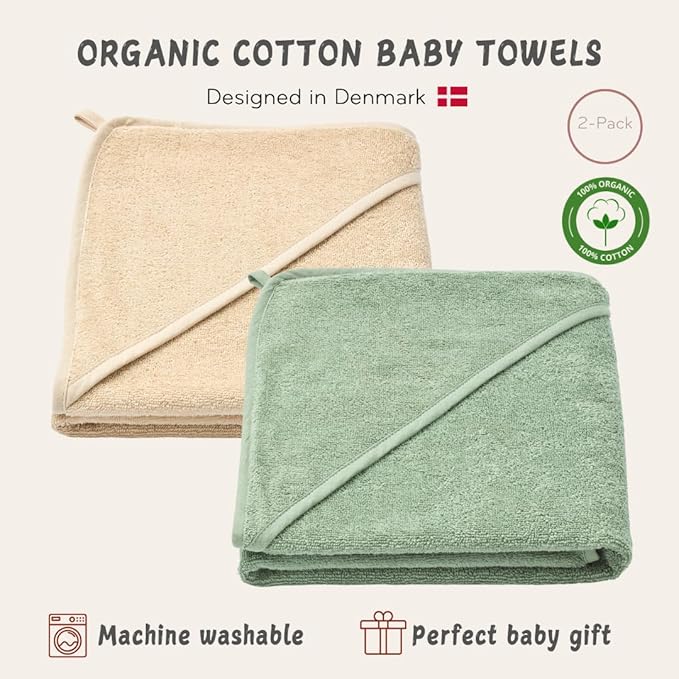 Hooded Baby Towels - 100% Organic Cotton Baby Bath Towels, 32" x 32" Super-Soft and Absorbent Baby Towels for Newborn Baby Boys 2-Pack (Fog/Roman Green)