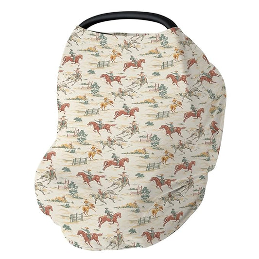 Vintage Western Cowboy Baby Car Seat Covers Retro Cowboy Horse Plant Stretchy 5-in-1 Cover Adjustable Infant Carseat Canopy Cover Wild Desert Country Breathable Nursing Cover-Up