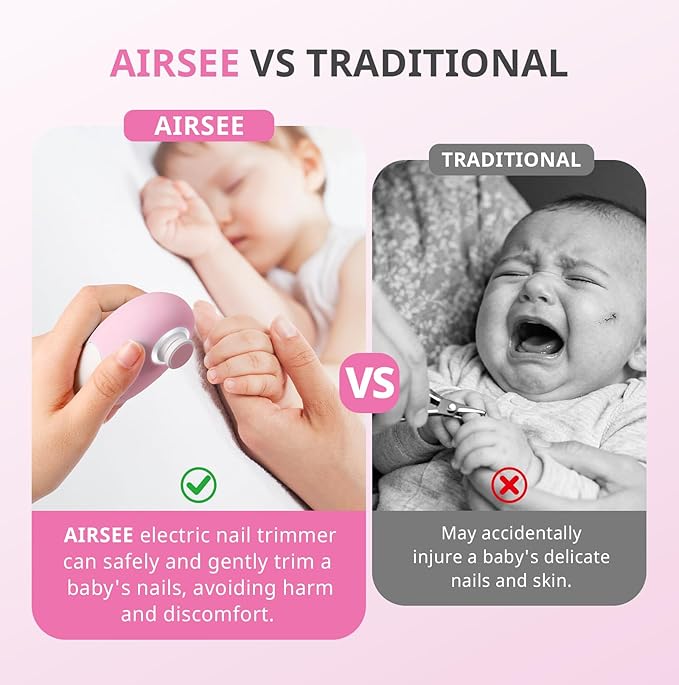 AIRSEE Baby Nail Trimmer Electric, Newborn Nail Clipper with Light, Safe & Easy Electric Nail File Baby Nail Clippers Baby Nail Care Set with LED Light, 6 Replacement Heads & Storage Case, Pink