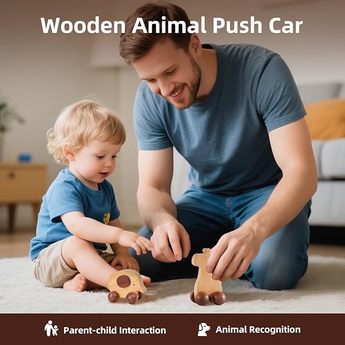 Wooden Animal Push Car Set, 4PCS Solid Hardwood Toy Vehicles for Toddlers & Kids 3+ | Natural Wood Animal Cars (Puppy, Elephant, Pony, Giraffe) | No Paint, Hand-Sanded, Gift-Ready