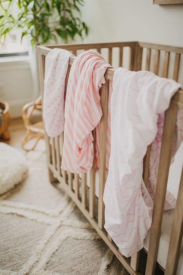 NODNAL CO. 3 Fitted Pink Mini Crib Pack n Play Playard Portable Crib Sheets Set - 100% Oeko-TEX Cotton Baby Girl Nursery Bedding - Chevron, Polka Dot, & Stripe Travel Pack and Play Playpen Sheet
