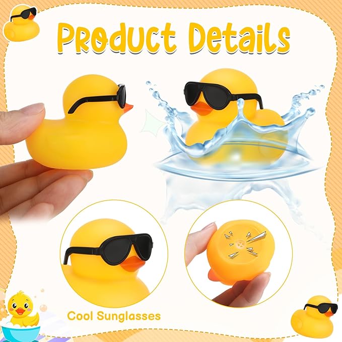 24 Set Mini Rubber Ducks with Sunglasses, Tiny Rubber Ducks Bulk for Car Dashboard Decorations Cruise Birthday Party Favors (Yellow)