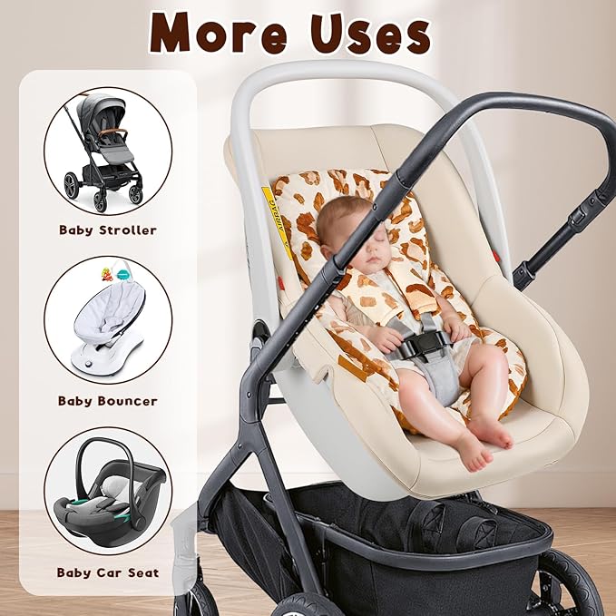 Infant Car Seat Insert Head and Body Support, GFU Reversible Newborn Insert for Carseat With Strap Pads, Soft Stroller Cushion Pillow Insert for Boys and Girls, Fits for Stroller, Swing, Leopard Print