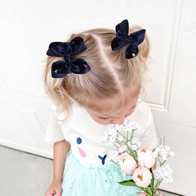 OAOLEER 2PCS 3.5inch Hair Bows for Girls，Navy Stain Ribbon Hair Bows Alligator Clips Hair Accessories for Back To School Teen Toddler Girls Kids (Navy)