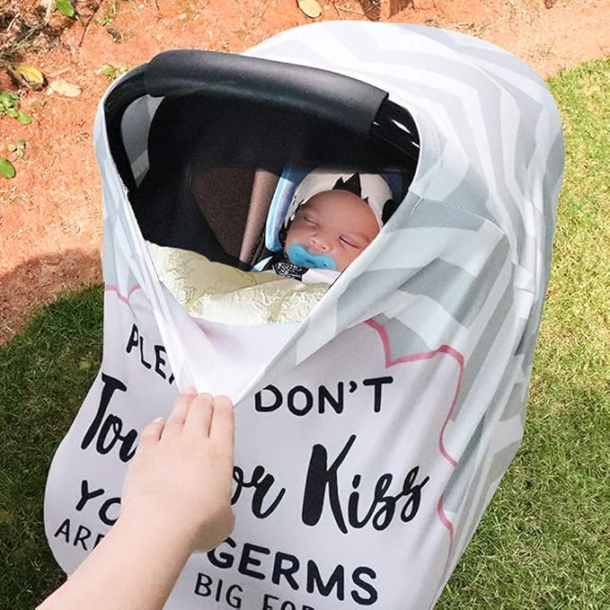 Baby Car Seat Cover & Stroller Seat Strap Covers Boys and Girls, No Touching Sign Canopy and Car Seat Straps Shoulder Pads, Multiuse Nursing Covers for Breastfeeding, Seat Belt Protectors for Kids