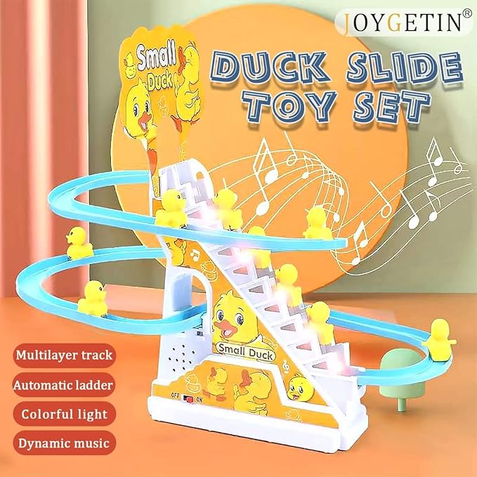 Small Ducks Climbing Toys,Electric Duck Climbing Stairs Tracks Slide Toy Set,Duck Roller Coaster Toy with Flashing Lights & Music On/Off Button