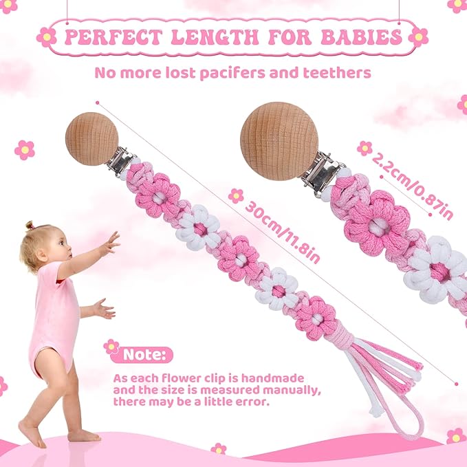 Pacifier Clip for Boys Girls Floral Daisy Macrame Baby Paci Clip Pacifier Holder Leash Boho Wooden Clips Handmade Braided Cotton Binky Clips (2pack:Pink Daisy × 2)
