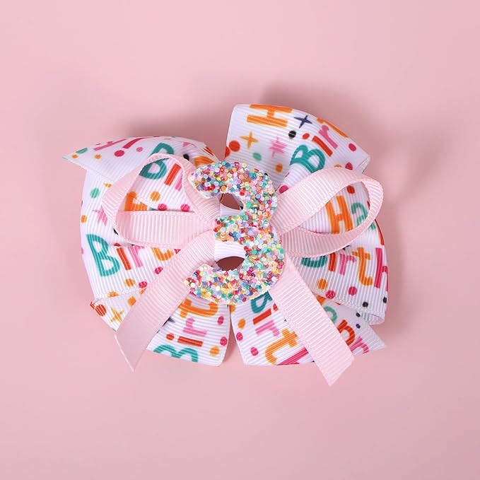 3.5" Glitter Happy Birthday Hair Bow Clips for Baby Girls 1-6 Ages Cute Pink Sprinkle Confetti Ice Cream Party Dress Pigtail Decoration Accessories Gift for Her 3rd Birthday