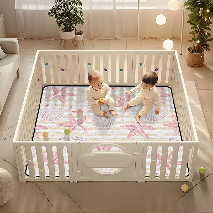 Baby Play Mat Vintage Seashells and Starfish 50 x 50 Playpen Mat Baby Play Mats for Floor Play Gym Crawling Mat Non-Slip Cushioned Baby Playmat for Infants, Babies, Toddlers