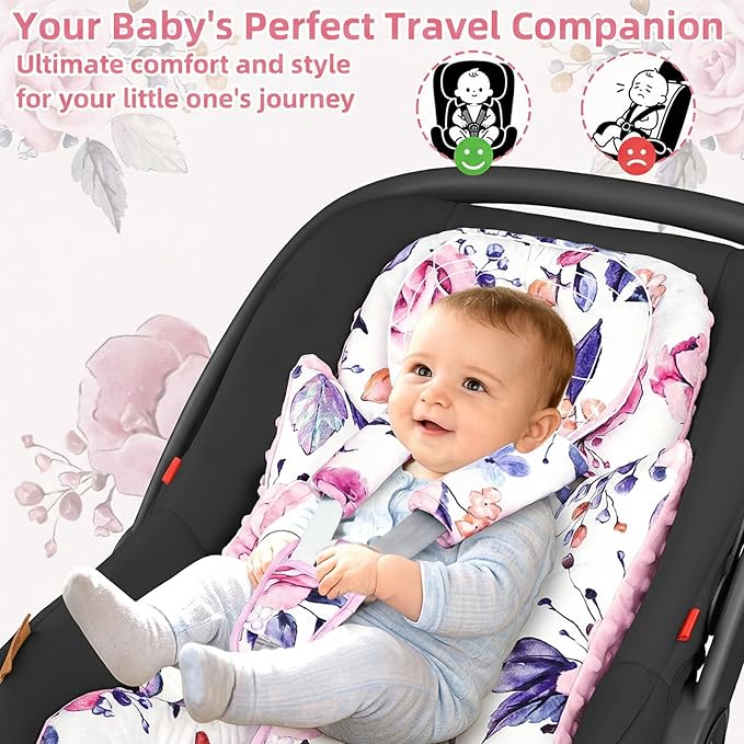 Infant Car Seat Insert with Removable Baby Head Support Pea Pod Newborn Carseat Insert Soft & Breathable Baby Car Seat Cushion, Minky Dot Backing, Universal Fit Stroller, Swing, Bouncer, Floral