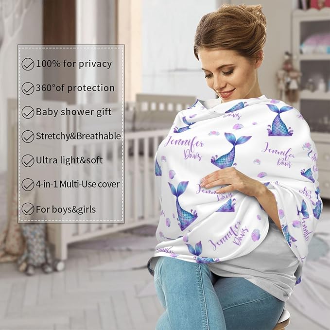 Personalized Baby Car Seat Cover for Girls, Custom Mermaid Nursing Covers for Breastfeeding with Name, Infant Stroller Cover, Baby Carseat Canopy for Newborn, Multiuse Car Seat Canopies