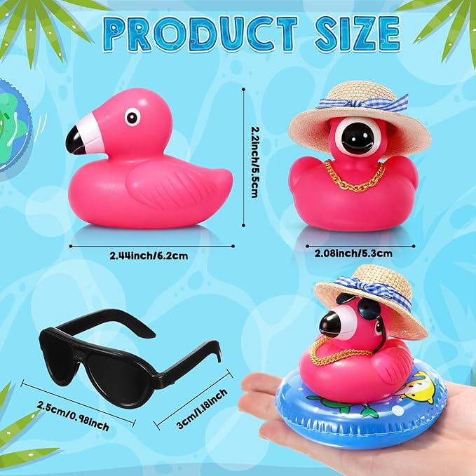 Sotiff Rubber Flamingo Pink Flamingo Rubber Ducks Squeaky Mini Ducks with Mini Straw Hat Swim Ring Gold Chain and Sunglasses for Car Decor Summer Birthday Swimming Party Gift Favor(Vintage)