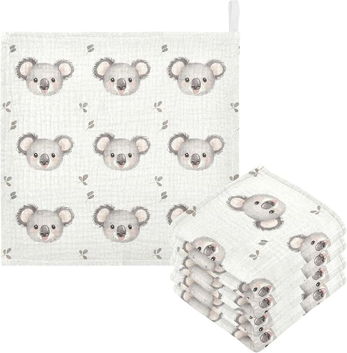 vvfelixl Baby Muslin Washcloths Cartoon Simple Koala Bear Baby Burp Cloths Cotton Babys Face Towel for Newborn Infants Boys Girls Soft and Absorbent 11.8 X 11.8 in, 3 Pack