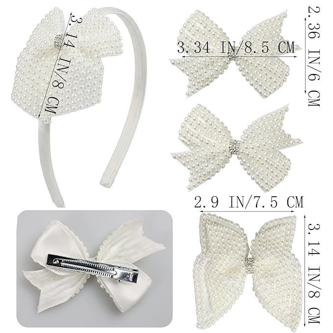 JIAHANG Baby Girls Hair Bow Headband and Clips Set, Children Hair Accessories Gift 4Pcs Set (pearlseriesB)