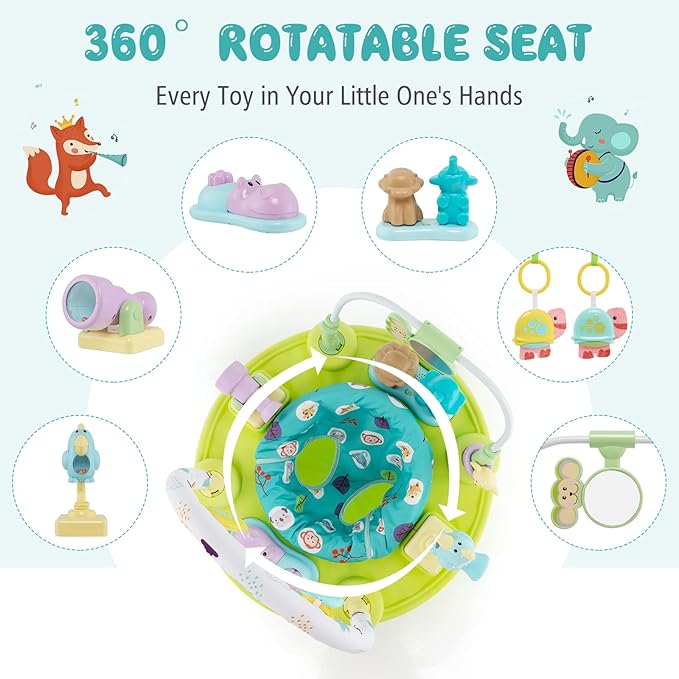GLACER 3-in-1 Baby Activity Center, Toddler Play Center w/Bouncing Saucer, Activity Table & Play Mat, Folding Infant Learning Center w/ 3-Level Adjustable Height for 6-12 Months, Green