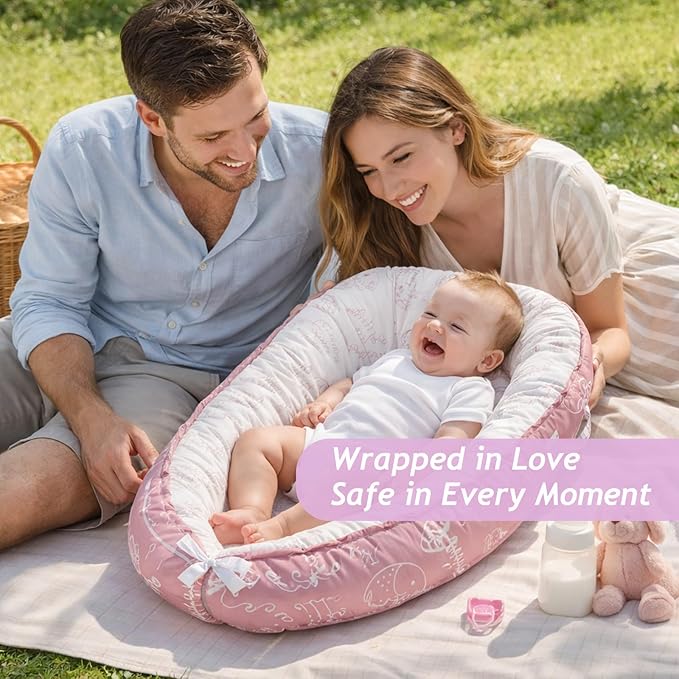 Baby Lounger for Newborn (0-24 Months) - 100% Cotton Baby Nest with Handles, 2-in-1 Play Mat & Diaper Changing Pad, Portable for Home & Travel, Infant Essentials Gifts (Elephant Pink)