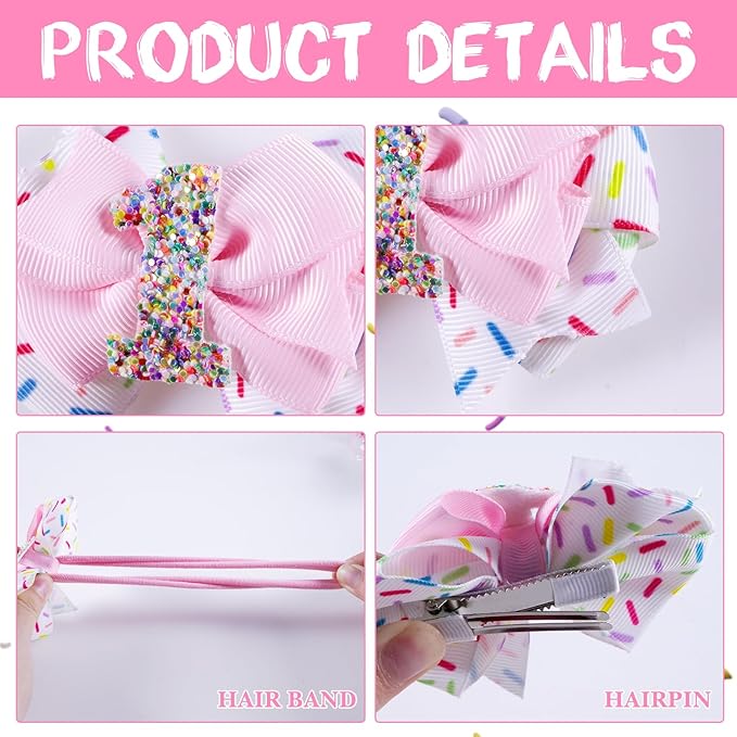 2Pcs Birthday Hair Bow for Baby Girls 1 Years Decorations Pink Sprinkle Ice Cream Confetti Hair Accessories for Baby Girls 1st Birthday Party Decorations