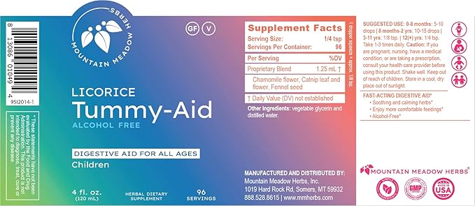 Mountain Meadow Herbs Licorice Tummy-Aid for Babies & Kids – Gas Relief Drops for Colic, Upset Stomach, Reflux & Bloating – Natural, Alcohol-Free Liquid Formula – 4 oz