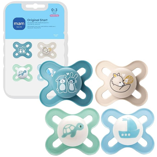 MAM Original Start Baby Pacifiers 0-3 Months, BPA-Free Skin Soft Silicone Nipple, Glows in The Dark, Developed with Medical Experts Specially for Smaller Newborn Mouths, 4 Pk, Made in Europe