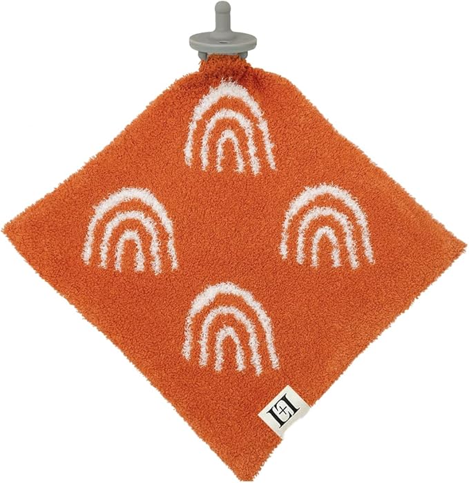 L+L USA Rainbow Baby Lovey Pacifier/Teether Holder 10"x10" - DreamSoft Plush Fluffy Cuddly Soothie Reversible Mini Comfort Blanket - Cute Newborn Gift Essential Babies Boys Girls (Rust Orange/White)