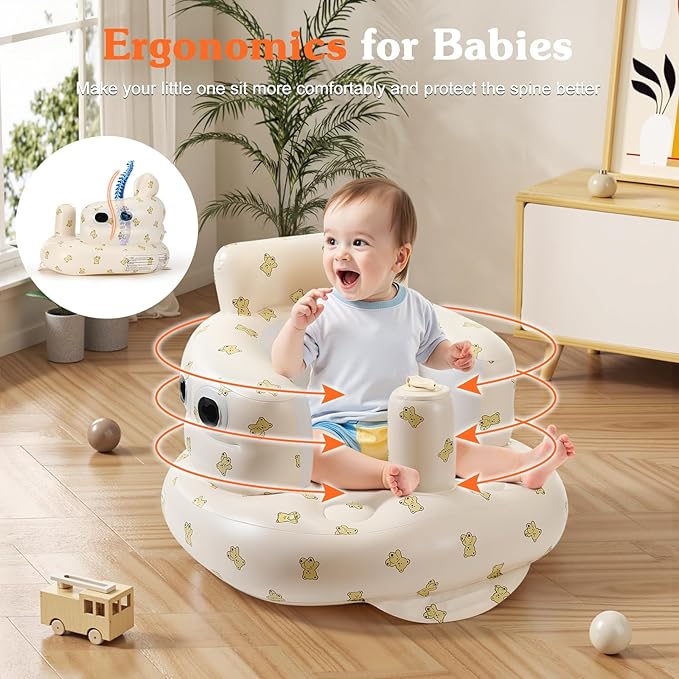 Zooawa Inflatable Baby Seat with Detachable Canopy, Baby Chair Sit Me Up for 6-30 Months, Built-in Air Pump Blow Up Floor Seat for Kids, Inflatable Infant Chair for Beach, Garden