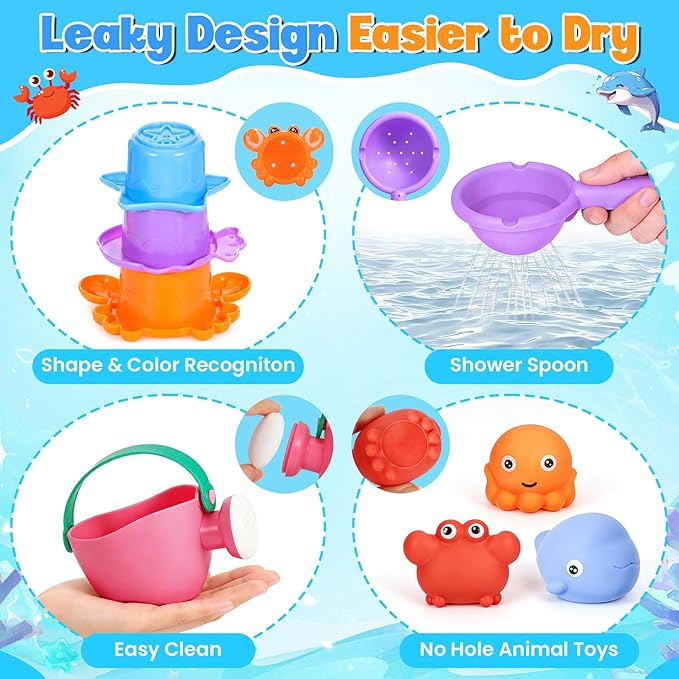 9 PCS Baby Bath Toys for Kids Ages 1-3, Mold Free Toddler Bath Toys for 2-4 with 3 No Hole Ocean Sea Animals and Storage Bag, Bathtub Beach Sand Water Table Toys for 1 2 3 Years Old Girls Boys Gifts